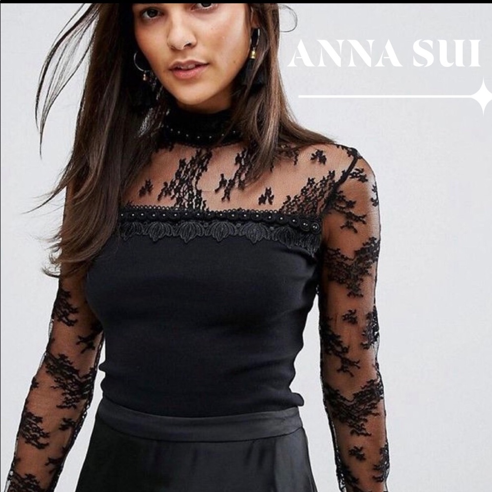 ANNA SUI high neck  jersey top, lace -black